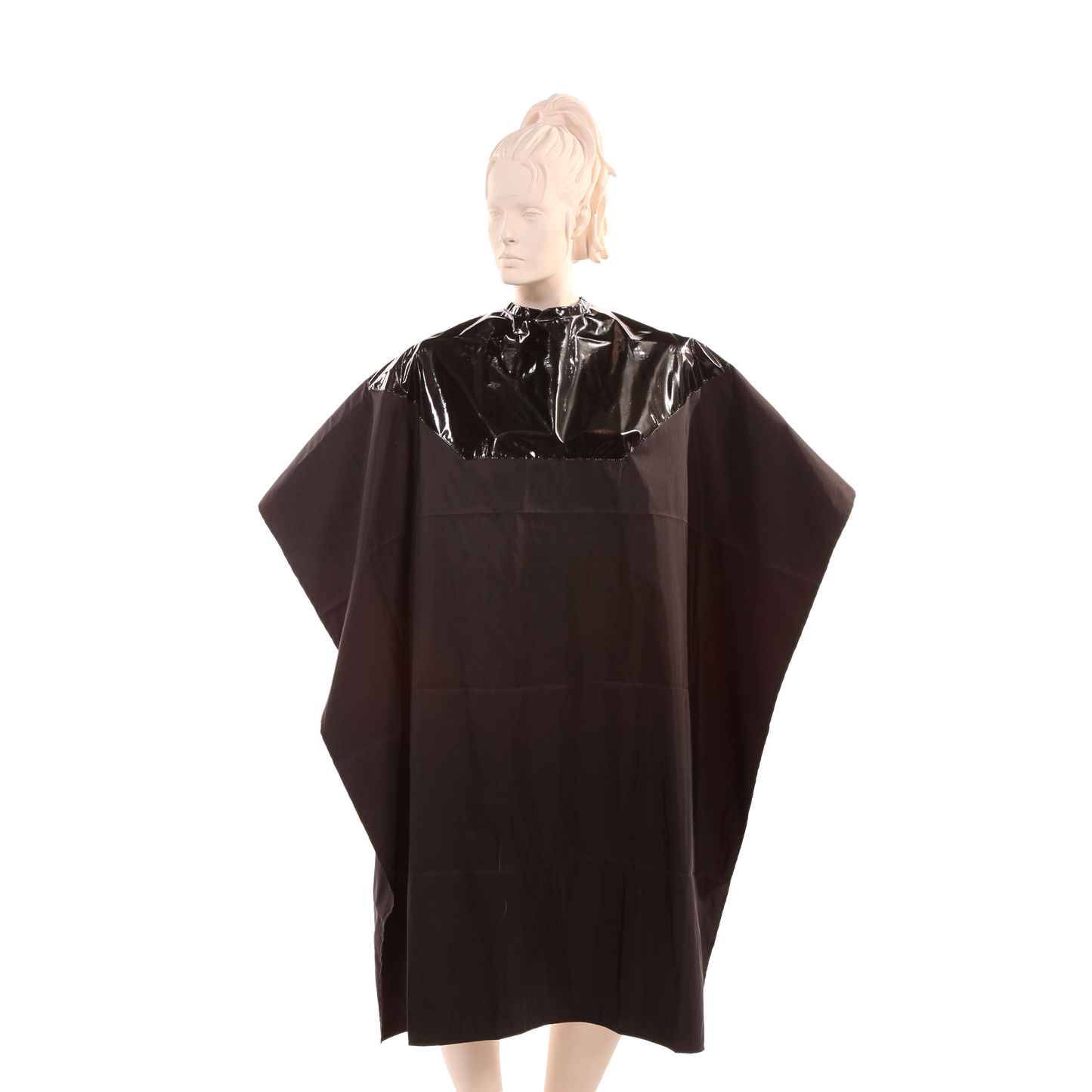 Waterproof Salon Cape with Black Polyurethane Waterproof Top and Black Silkara Iridescent Fabric Bottom