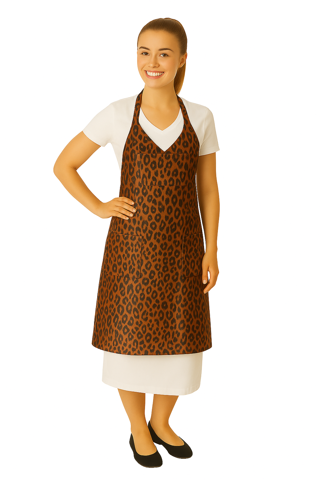 V-Neck Apron Silkara Iridescent Fabric in Leopard Print