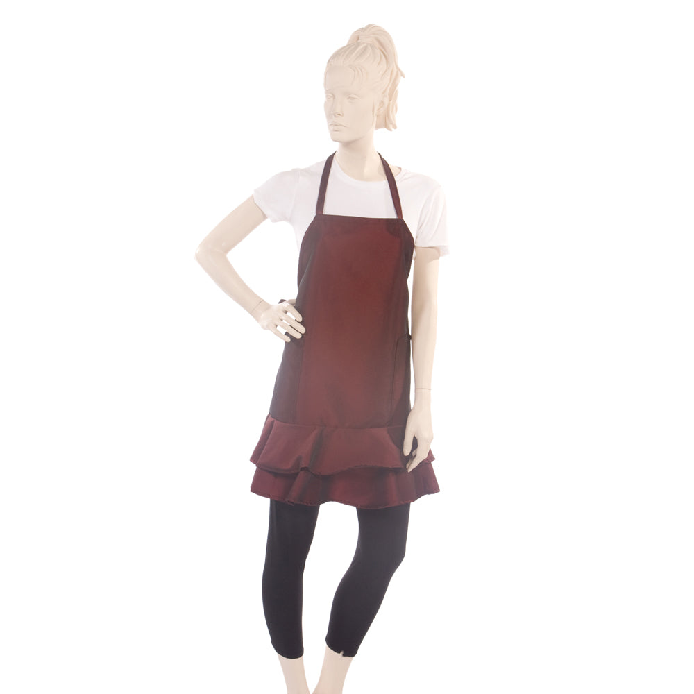 Ruffle Apron in Leopard Print Silkara Fabric - wineberry saloapron