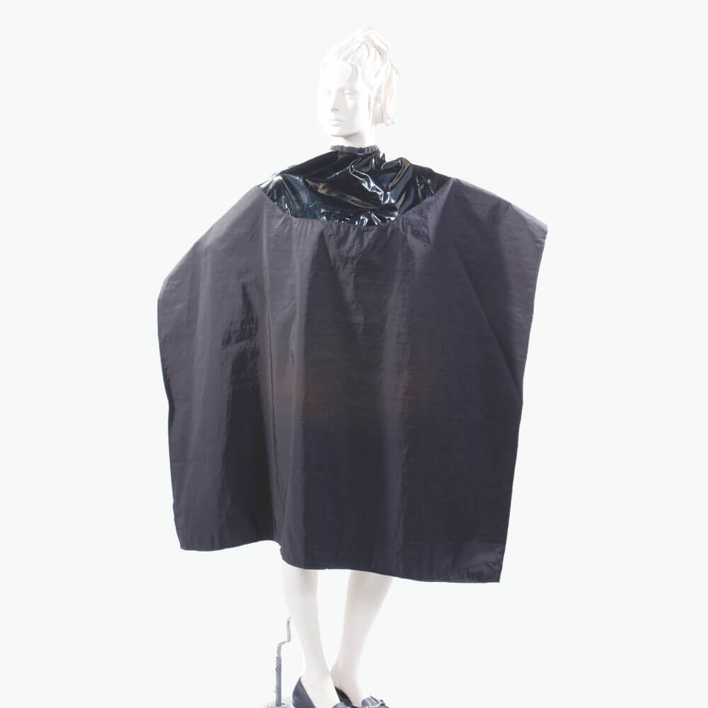 Waterproof Salon Cape with Black Polyurethane Waterproof Top and Black Silkara Iridescent Fabric Bottom