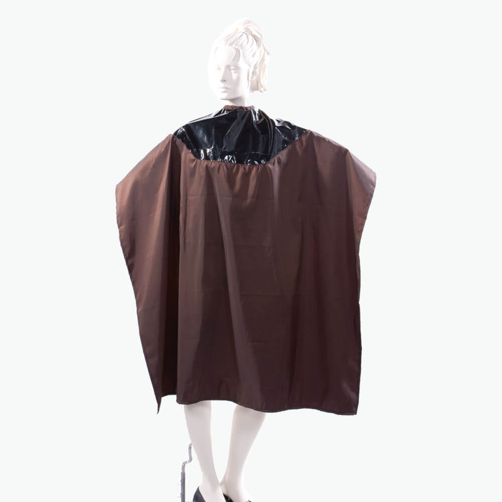 Waterproof Salon Cape with Black Polyurethane Waterproof Top and Black Silkara Iridescent Fabric Bottom