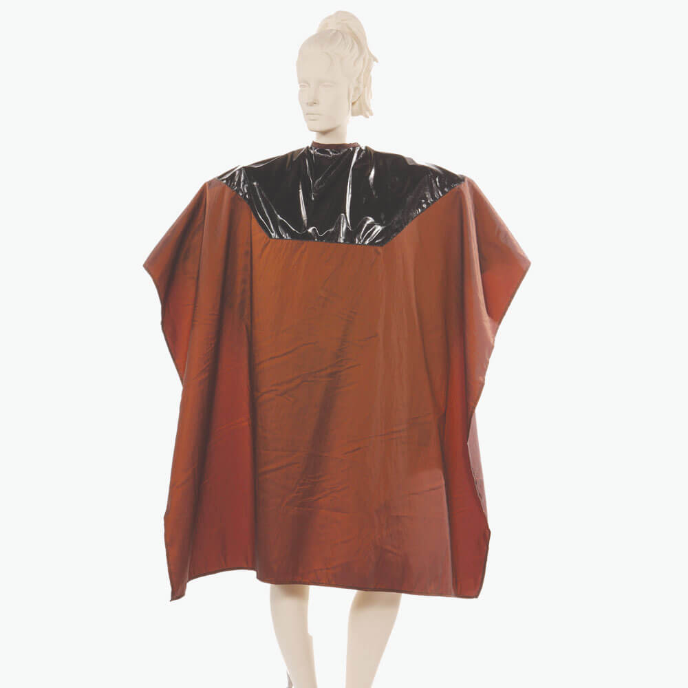 Waterproof Salon Cape with Black Polyurethane Waterproof Top and Black Silkara Iridescent Fabric Bottom