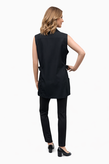 V-Neck Sleeveless Zip-Front Stylist Jacket – Side Snap Adjustable Fit (Black)