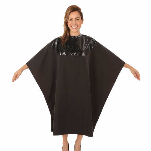 Waterproof Salon Cape with Black Polyurethane Waterproof Top and Black Silkara Iridescent Fabric Bottom