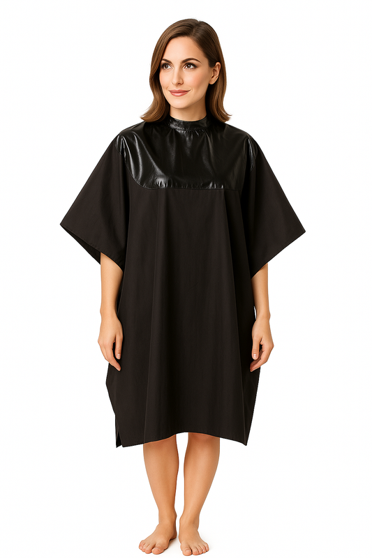 Waterproof Salon Cape with Black Polyurethane Waterproof Top and Black Silkara Iridescent Fabric Bottom