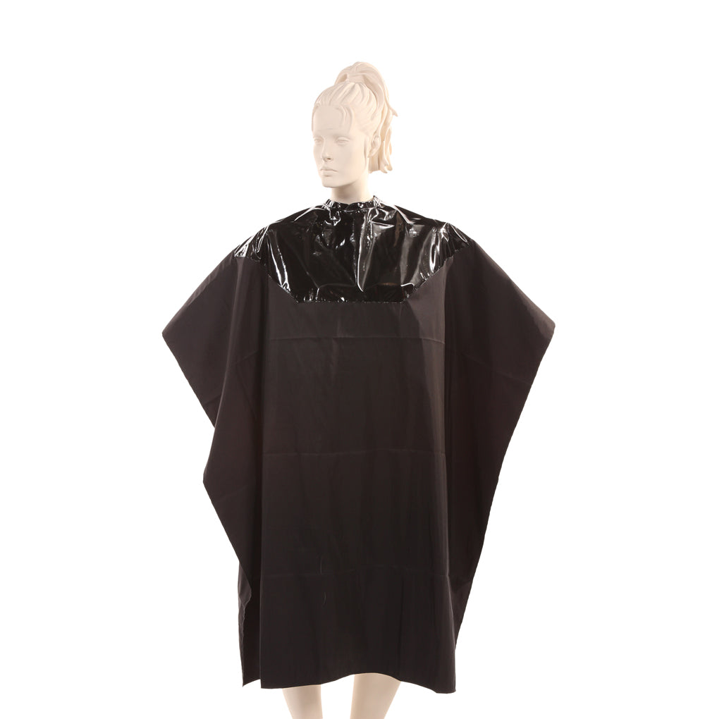 Waterproof Salon Cape with Black Polyurethane Waterproof Top and Brown Silkara Iridescent Fabric Bottom