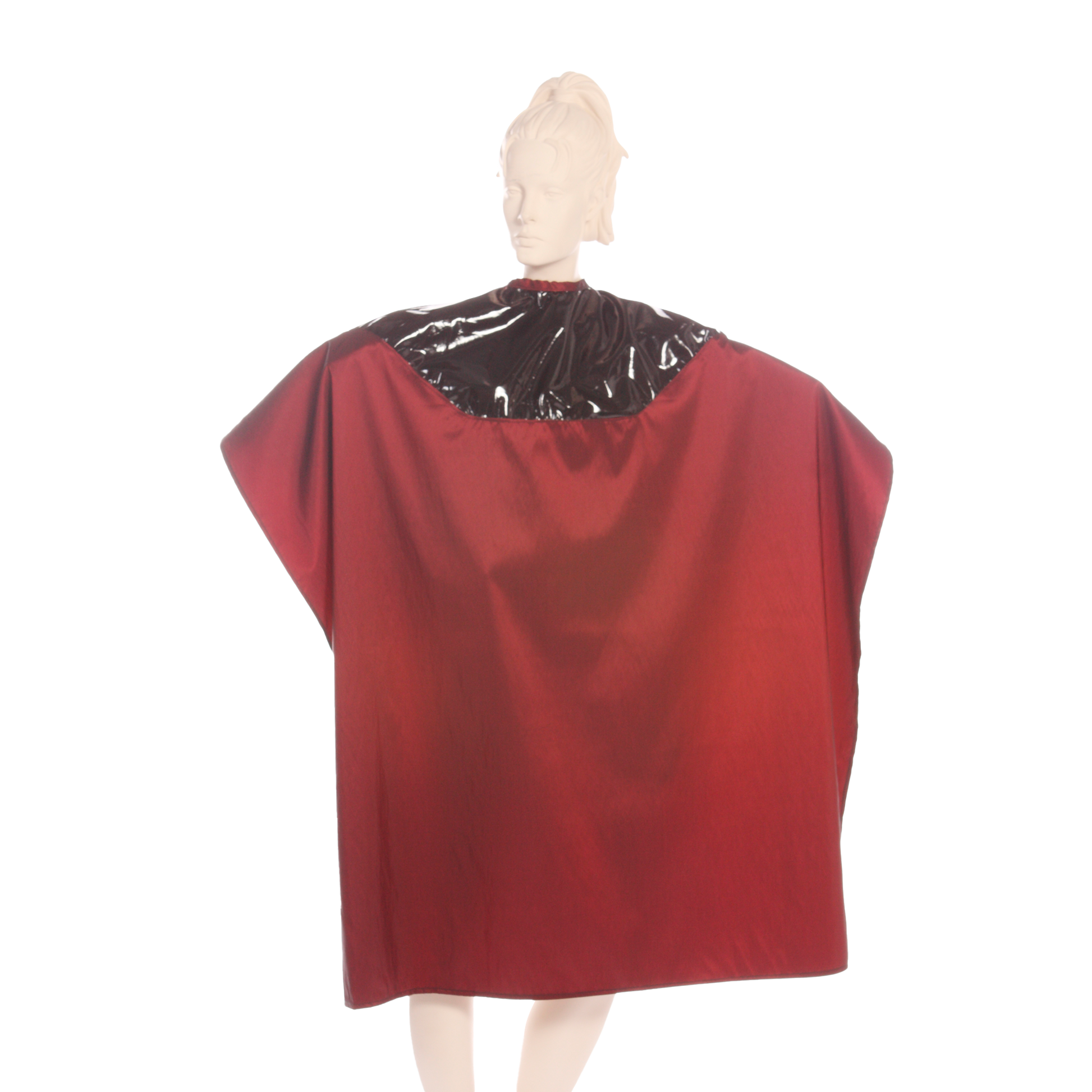 Waterproof Salon Cape with Black Polyurethane Waterproof Top and Burgundy Silkara Iridescent Fabric Bottom