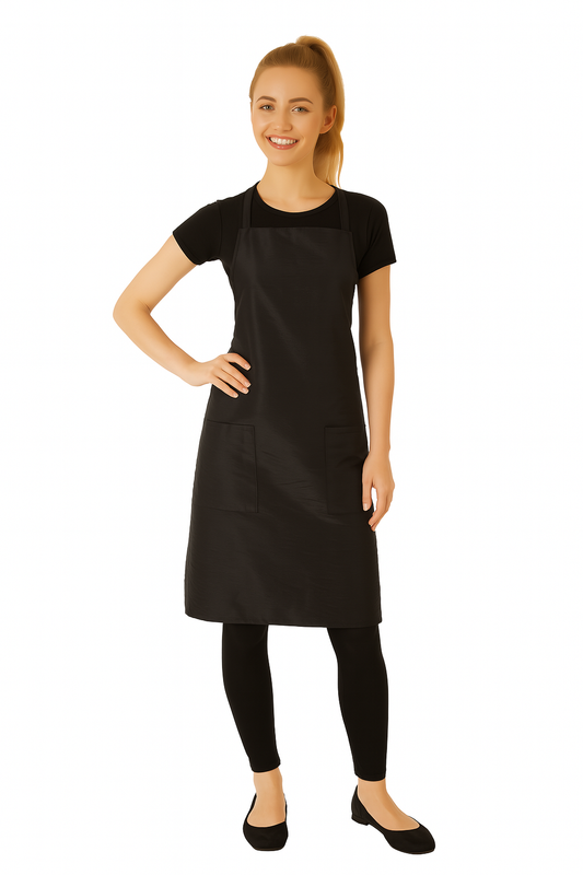 Salon Bib Apron in Black Iridescent Silkarah Fabric
