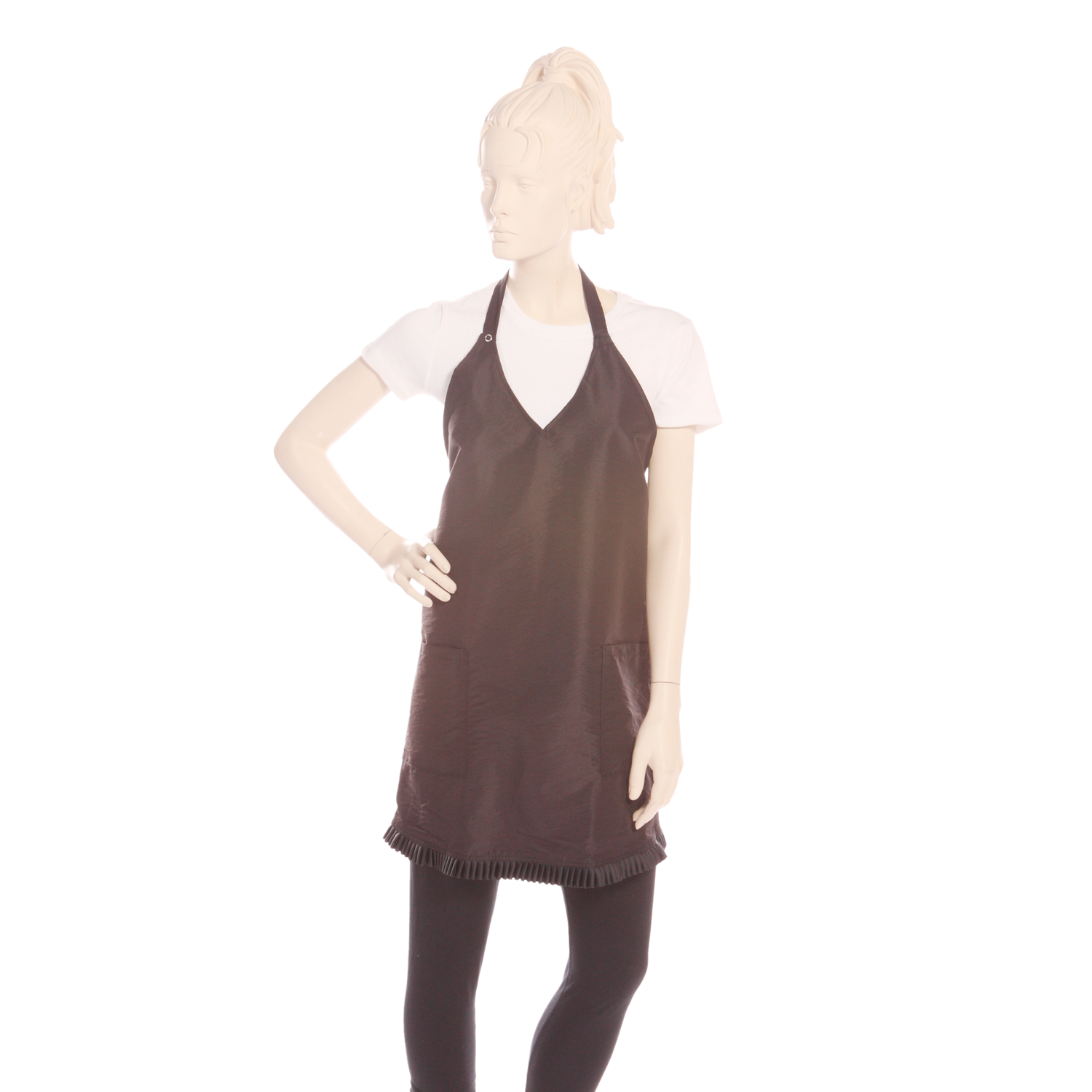 Black V-Neck Salon Apron with Ruffle Top and Trim Bottom