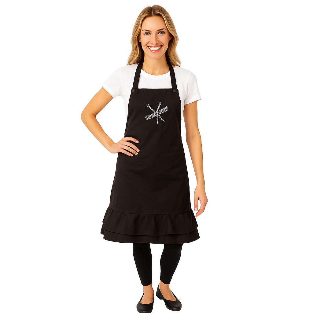 Black Ruffle Apron with Rhinestone Scissor and Comb