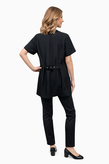 Round Neck Zip-Front Stylist Jacket – Adjustable Back Fit (Black)