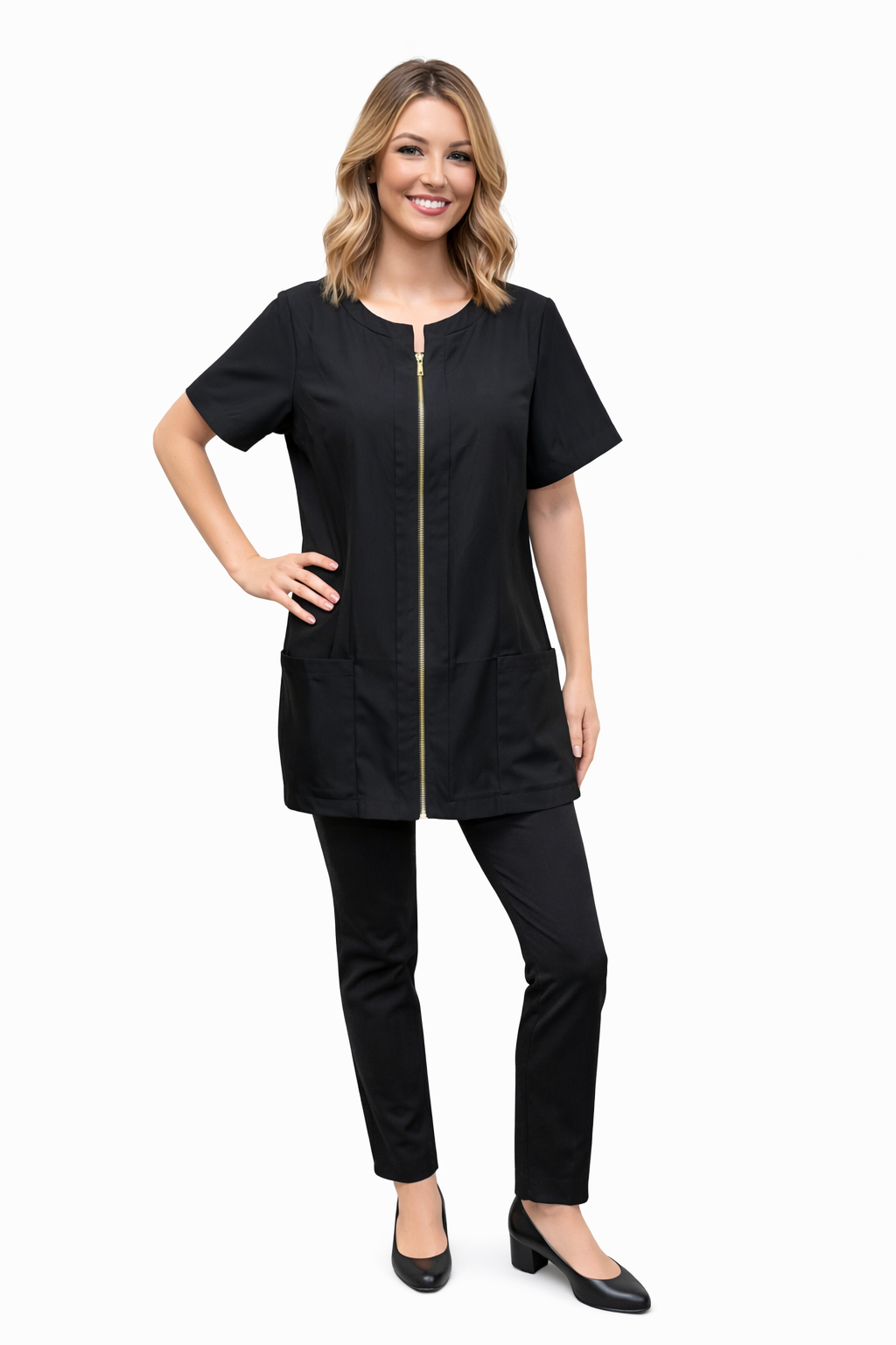 Round Neck Zip-Front Stylist Jacket – Adjustable Back Fit (Black)