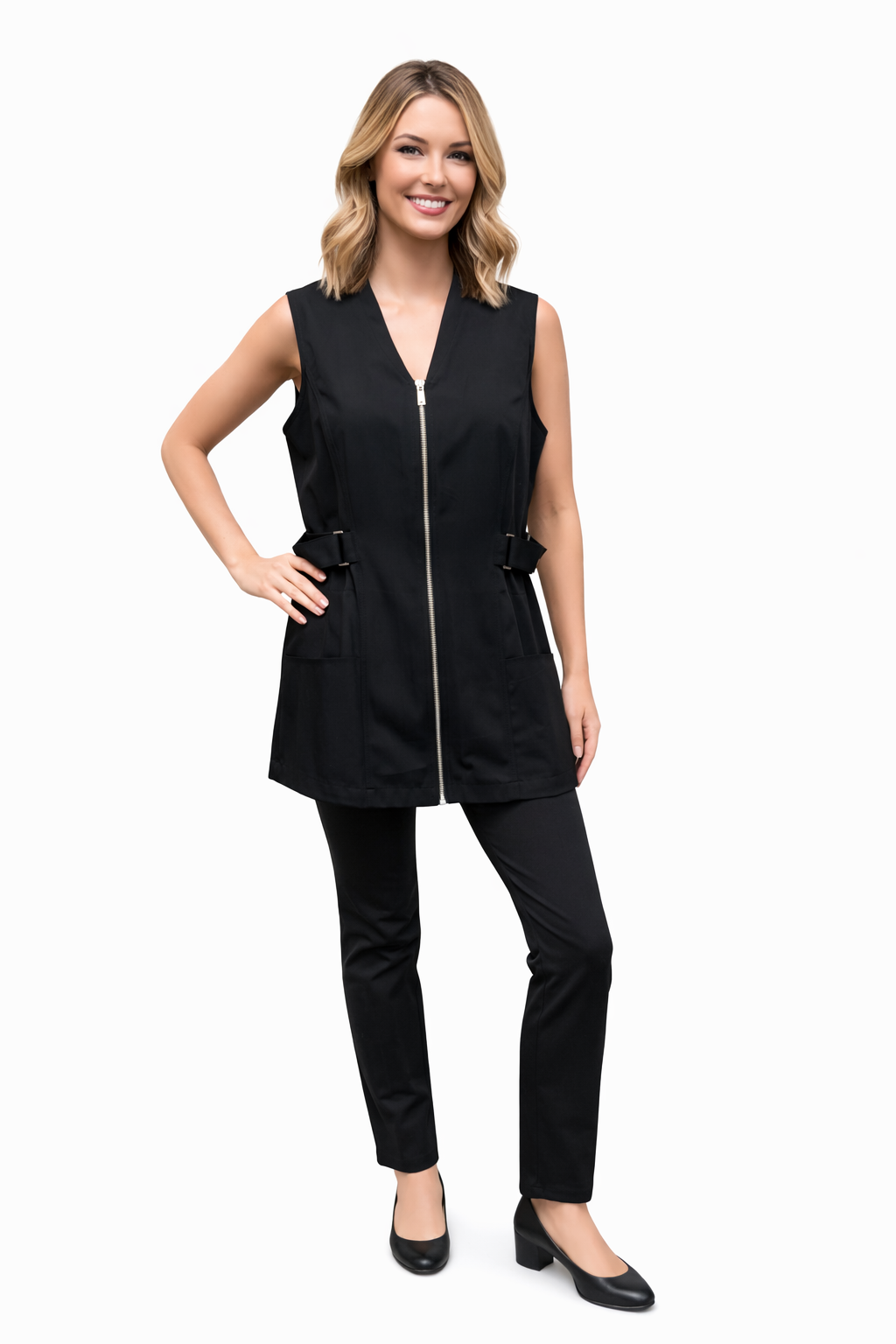 V-Neck Sleeveless Zip-Front Stylist Jacket – Side Snap Adjustable Fit (Black)