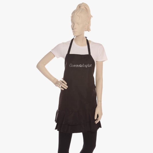 Black Ruffle Apron with Rhinestone Cosmetologist