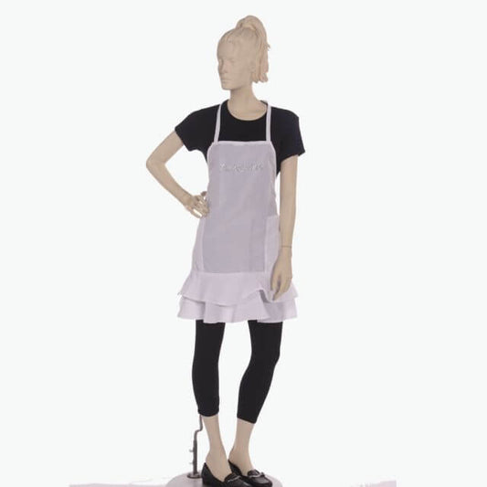 White Ruffle Apron with Rhinestone Esthetician Design