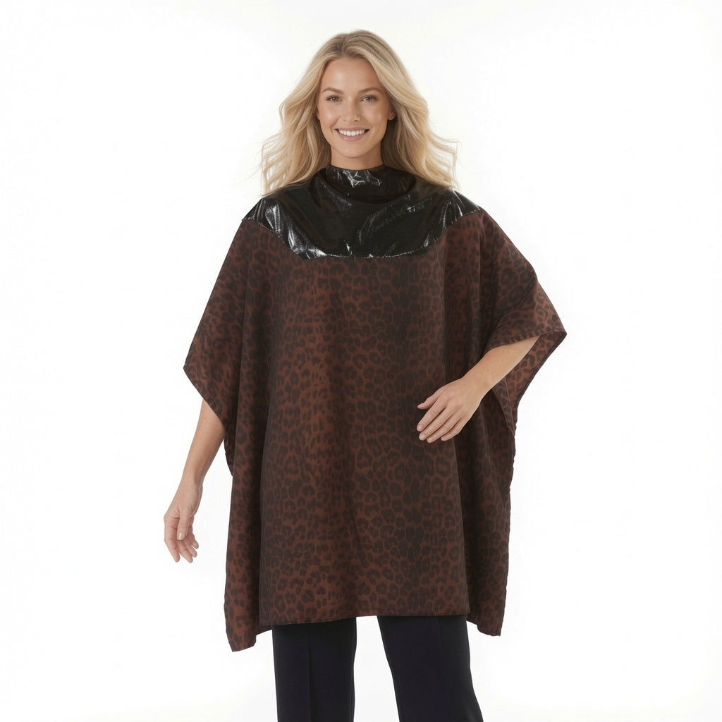 Capa de salón impermeable con parte superior impermeable de poliuretano negro y parte inferior de tela iridiscente Silkara con estampado de leopardo