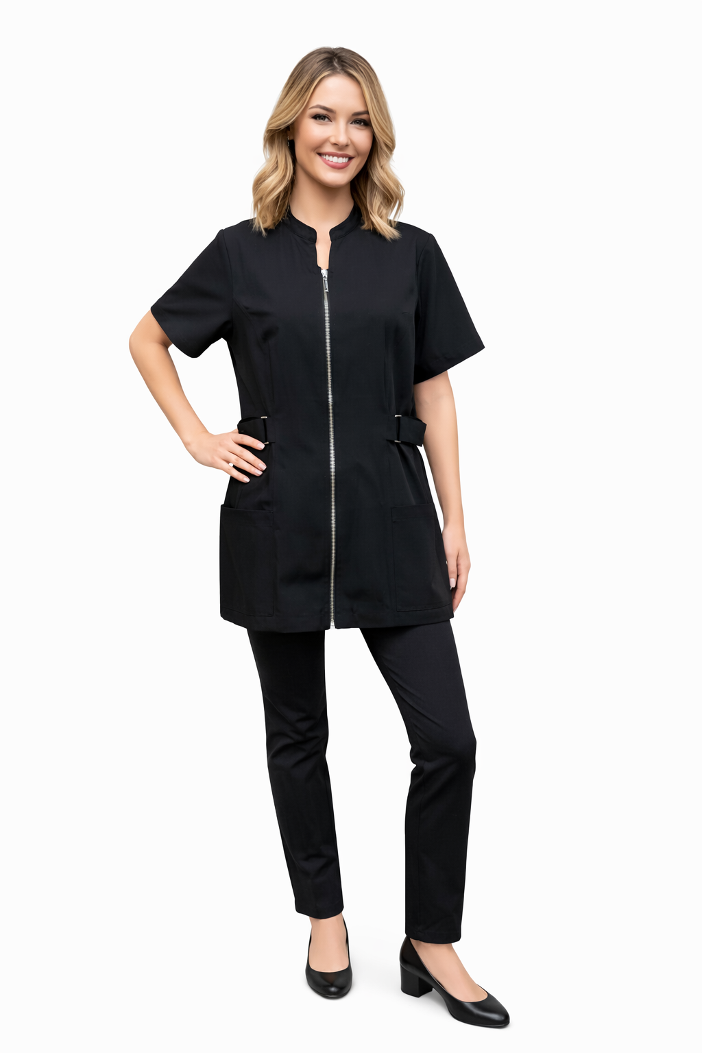 Mandarin Collar Zip-Front Stylist Jacket – Side Snap Adjustable Fit (Black)