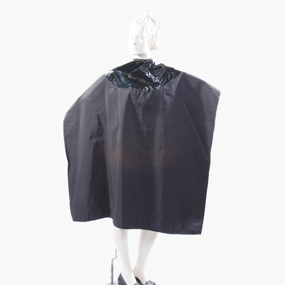 Waterproof Salon Cape with Black Polyurethane Waterproof Top and Burgundy Silkara Iridescent Fabric Bottom