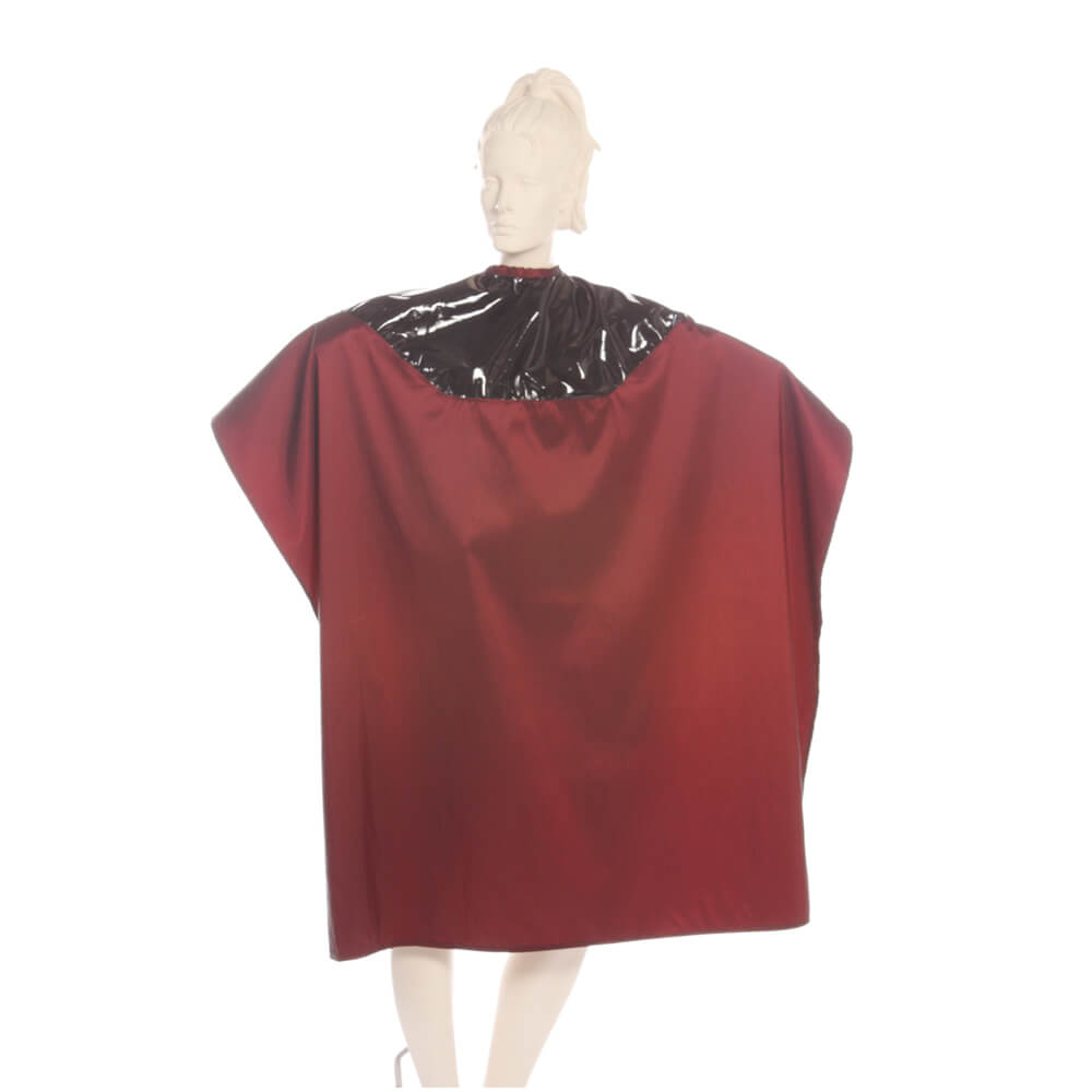 Waterproof Salon Cape with Black Polyurethane Waterproof Top and Burgundy Silkara Iridescent Fabric Bottom