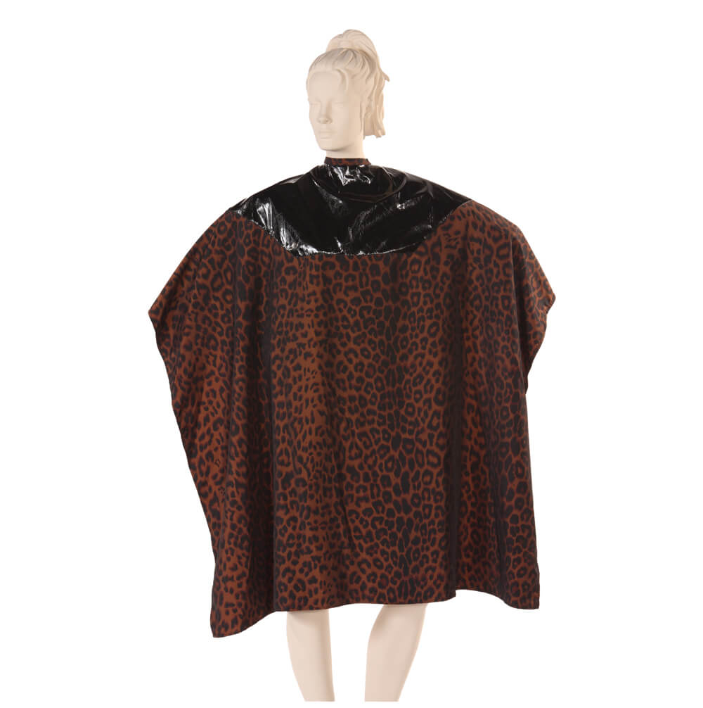 Capa de salón impermeable con parte superior impermeable de poliuretano negro y parte inferior de tela iridiscente Silkara con estampado de leopardo