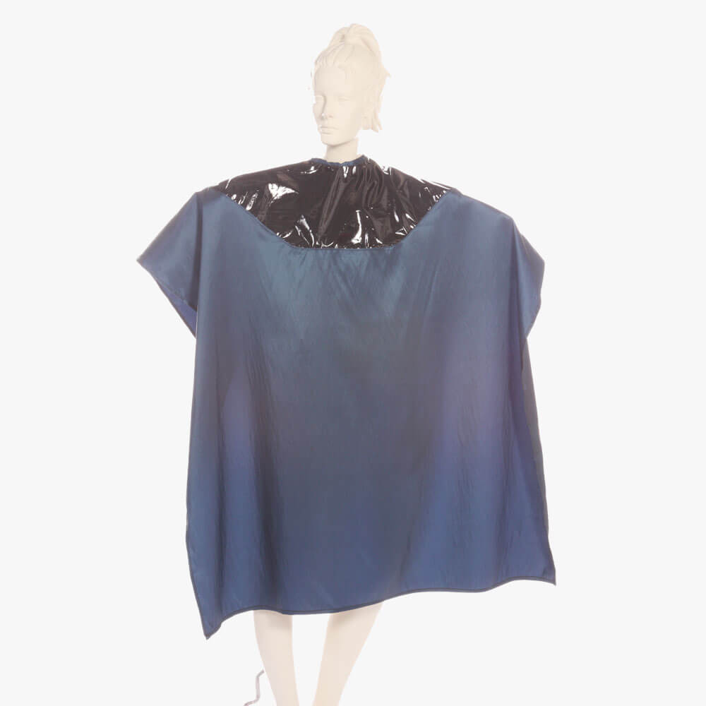 Waterproof Salon Cape with Black Polyurethane Waterproof Top and Burgundy Silkara Iridescent Fabric Bottom